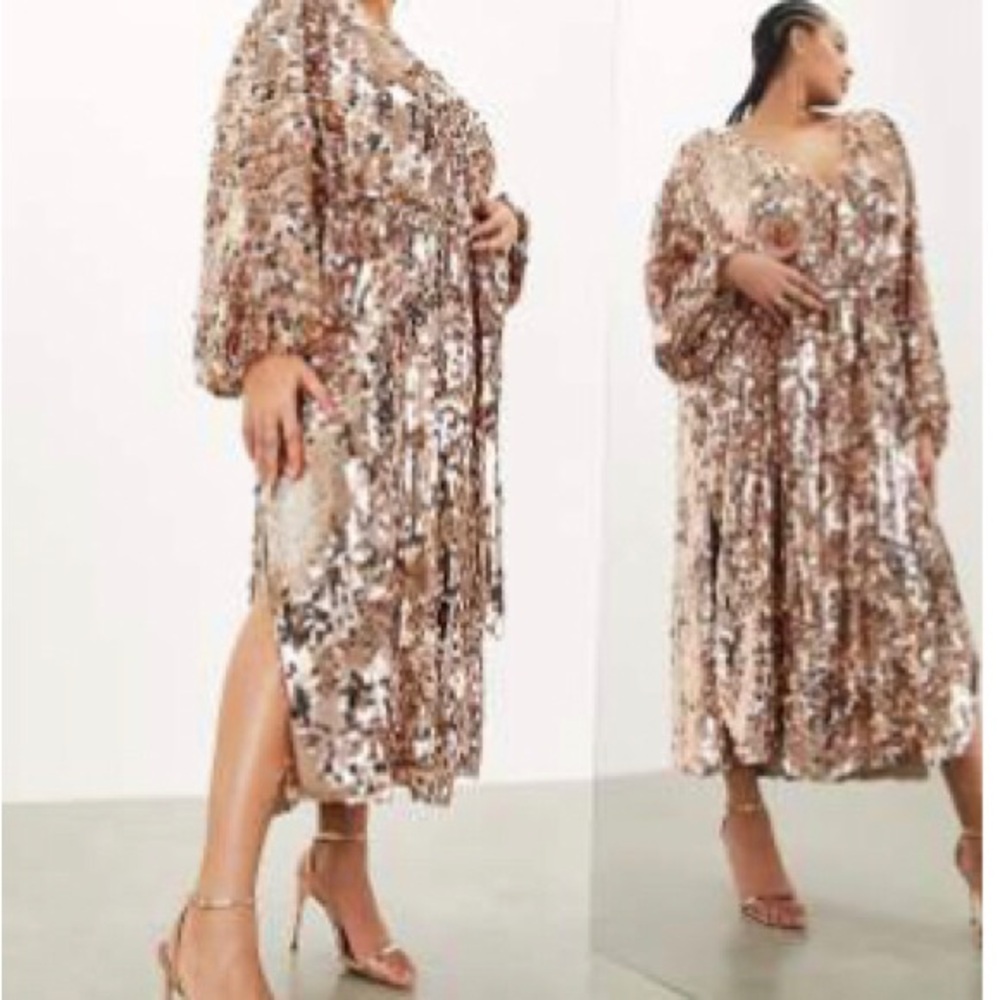 ASOS edition Curve batwing sequin wrap midi dress in gold
